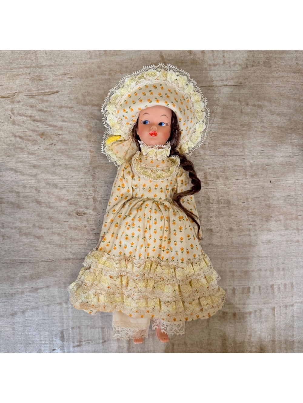 Vintage 10” Brunette Doll Floral Prairie Dress Bonnet Braided Hair Lace Trim